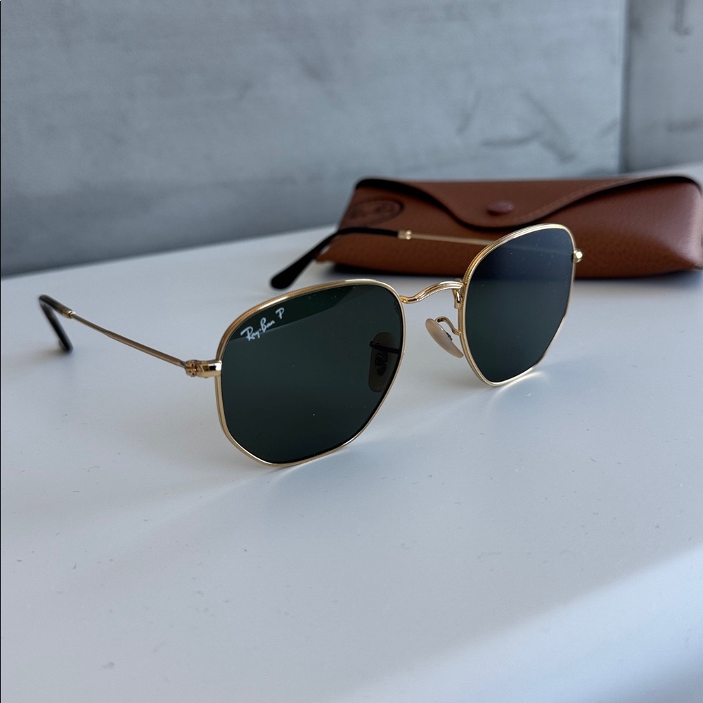 Ray-Ban Polarized Hexagonal Sunglasses in Gold and Green - Picture 2 of 12